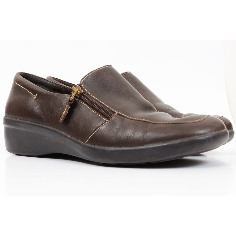 Naturalizer Bermuda Women Size 7.5M Brown Leather Zip Flat Shoe Loafer Preppy
